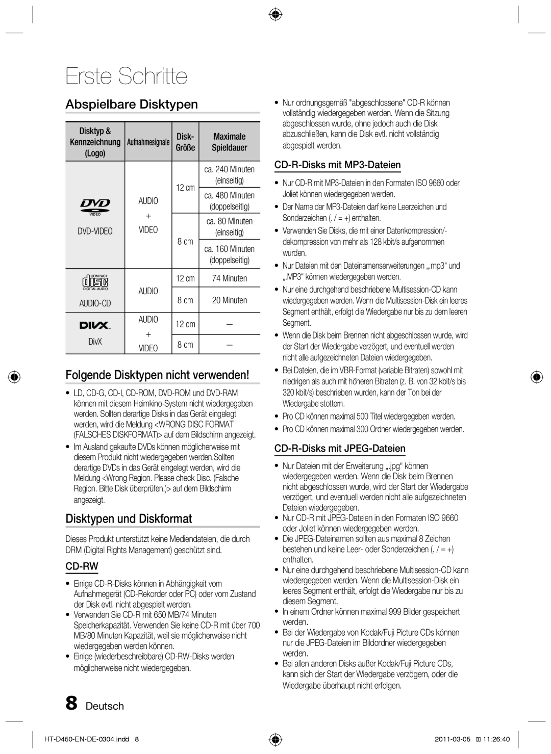 Samsung HT-D453, HT-D450, HT-D455 Abspielbare Disktypen, Disktypen und Diskformat, Folgende Disktypen nicht verwenden 