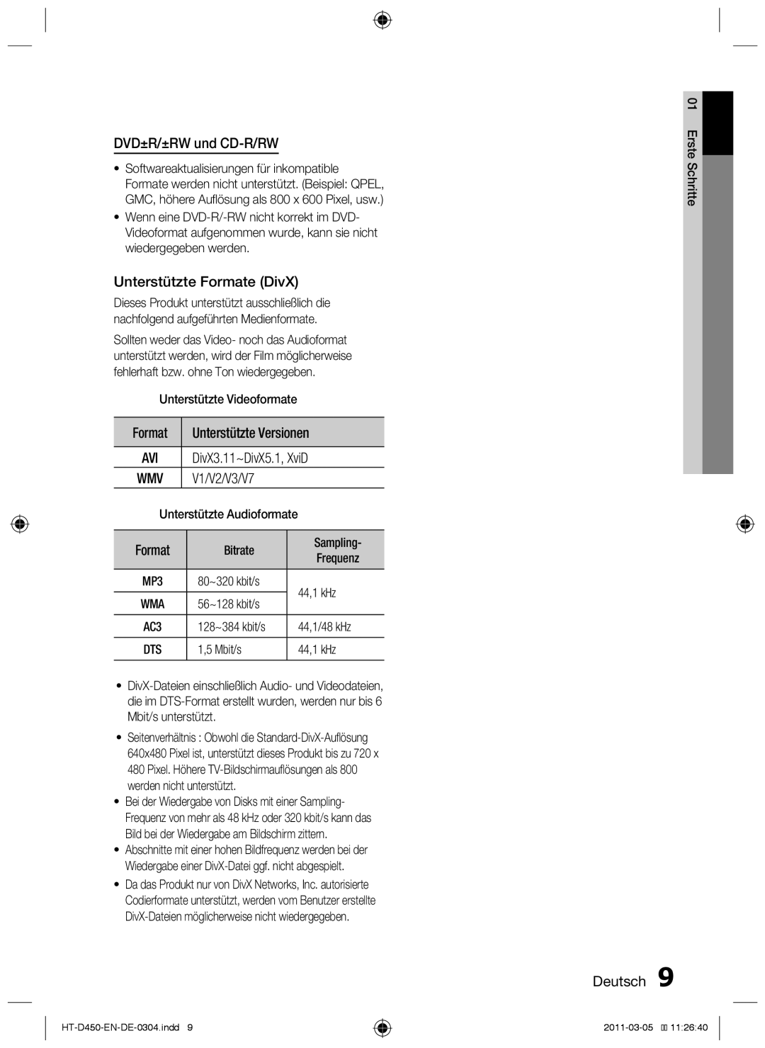 Samsung HT-D450, HT-D455, HT-D453 user manual DVD±R/±RW und CD-R/RW, Unterstützte Formate DivX, Format Unterstützte Versionen 