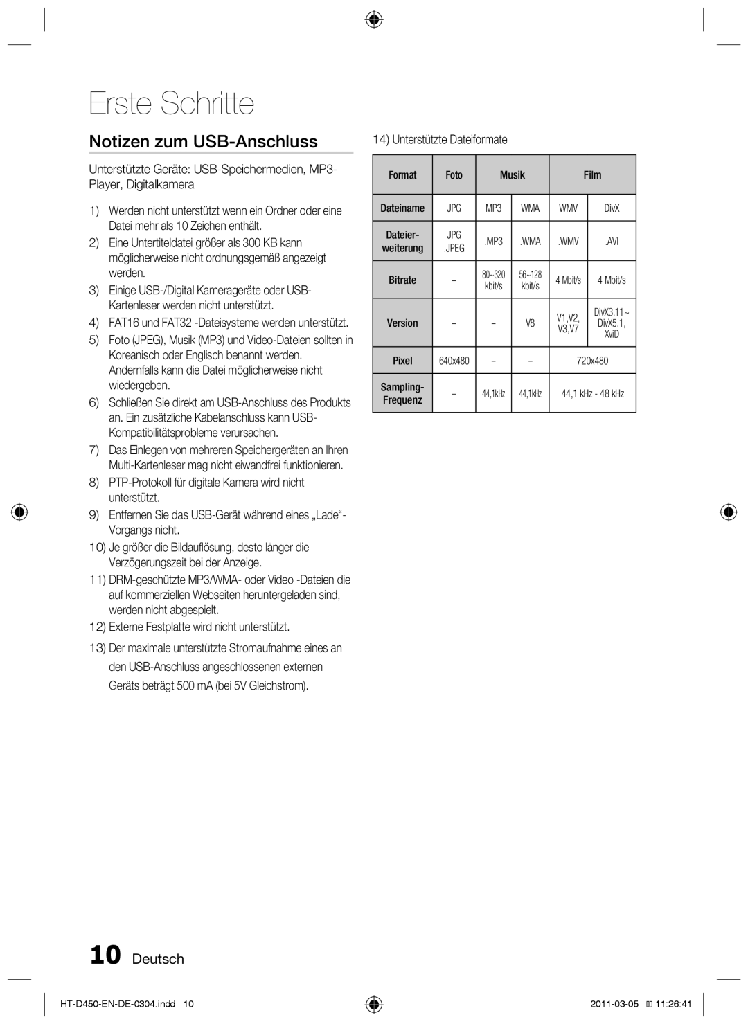 Samsung HT-D455 Notizen zum USB-Anschluss, Deutsch, Externe Festplatte wird nicht unterstützt, Unterstützte Dateiformate 