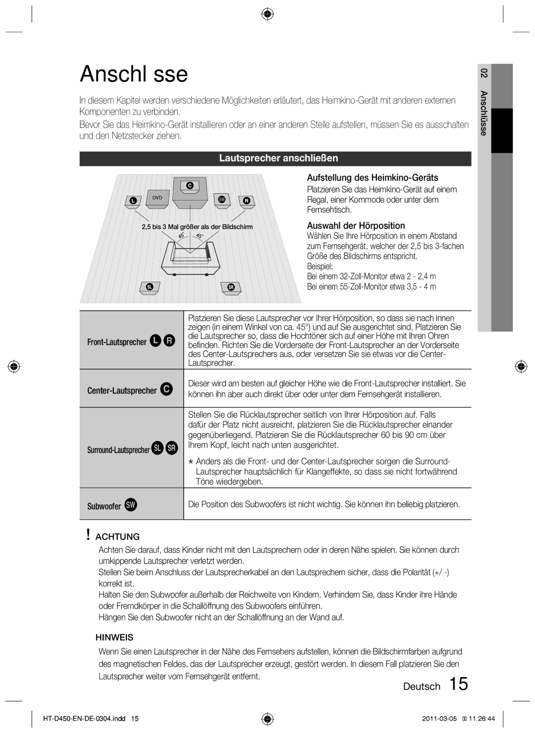 Samsung HT-D450, HT-D455, HT-D453 user manual Anschlüsse, Lautsprecher anschließen, Achtung 