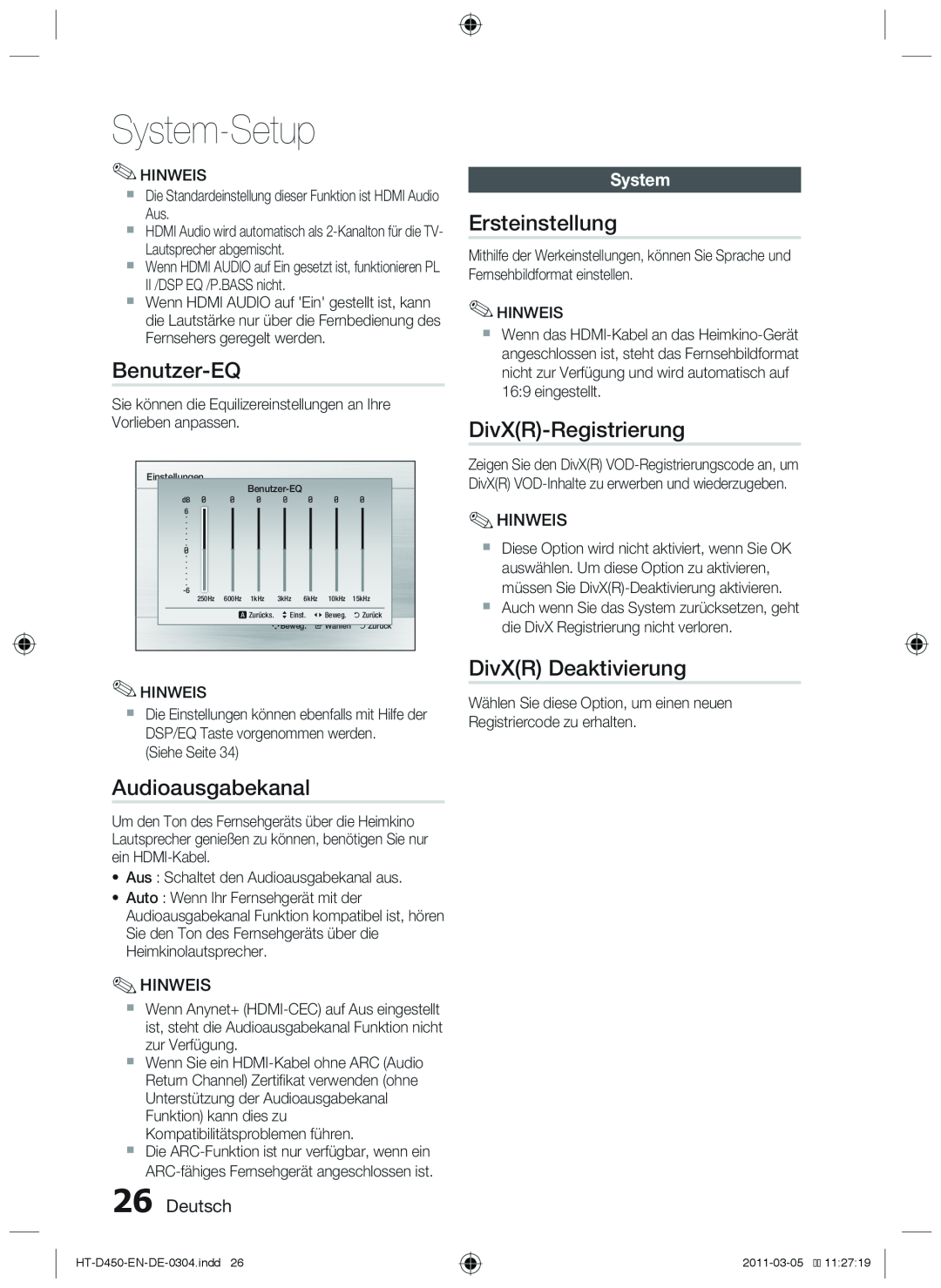 Samsung HT-D453 Benutzer-EQ, Audioausgabekanal, Ersteinstellung, DivXR-Registrierung, DivXR Deaktivierung, Deutsch, System 