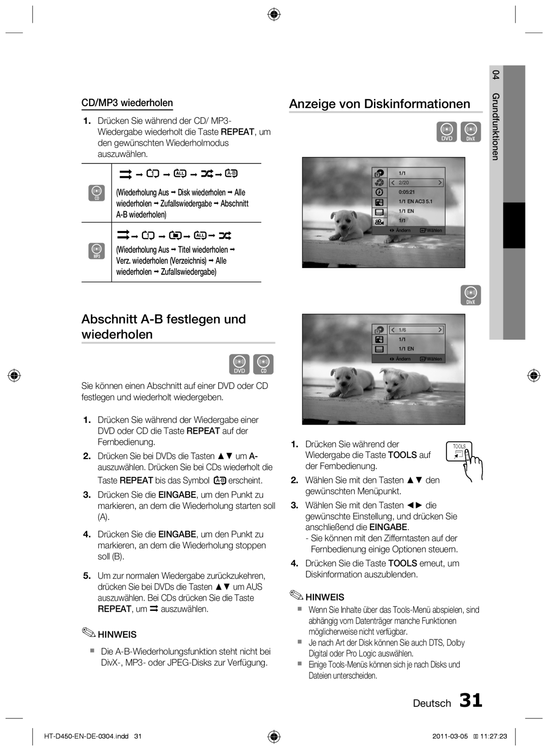 Samsung HT-D455 Abschnitt A-Bfestlegen und wiederholen, Anzeige von Diskinformationen, CD/MP3 wiederholen, Deutsch 