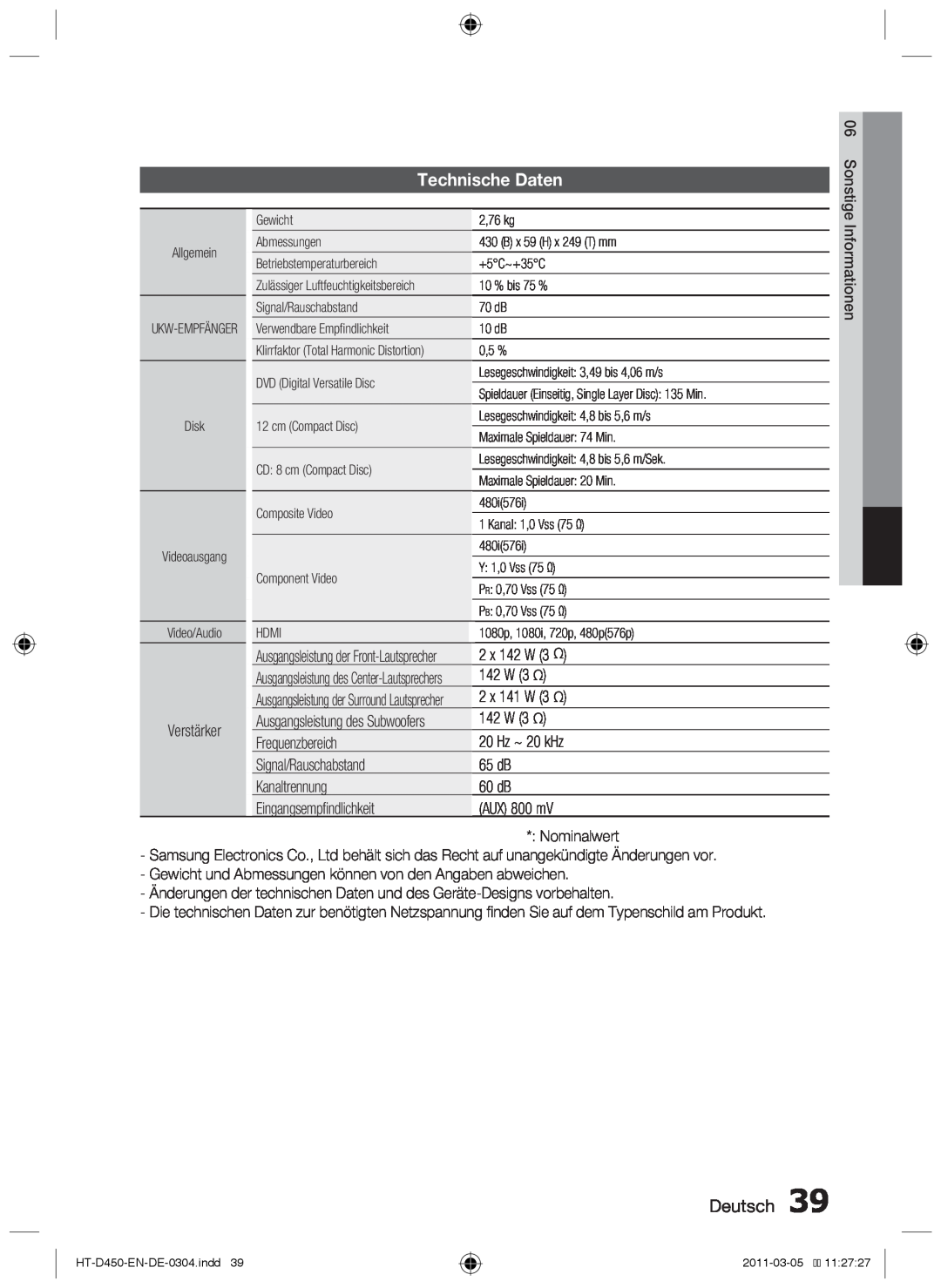 Samsung HT-D450, HT-D455, HT-D453 user manual Technische Daten, Deutsch 