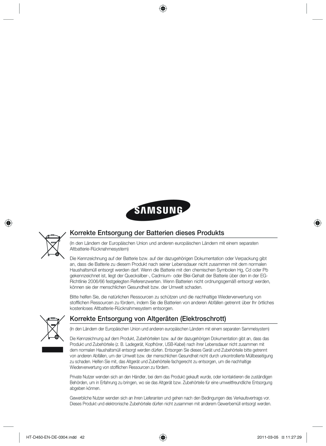 Samsung HT-D450 Korrekte Entsorgung der Batterien dieses Produkts, Korrekte Entsorgung von Altgeräten Elektroschrott 