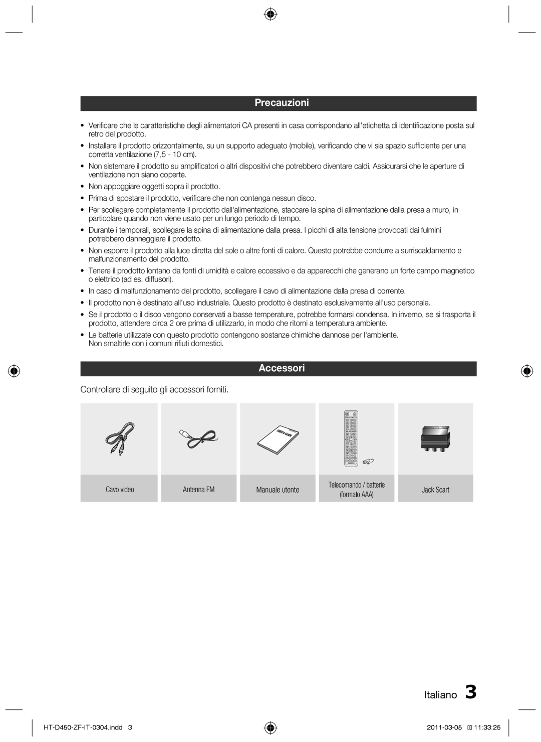 Samsung HT-D450, HT-D455, HT-D453 user manual Precauzioni, Accessori, Italiano  