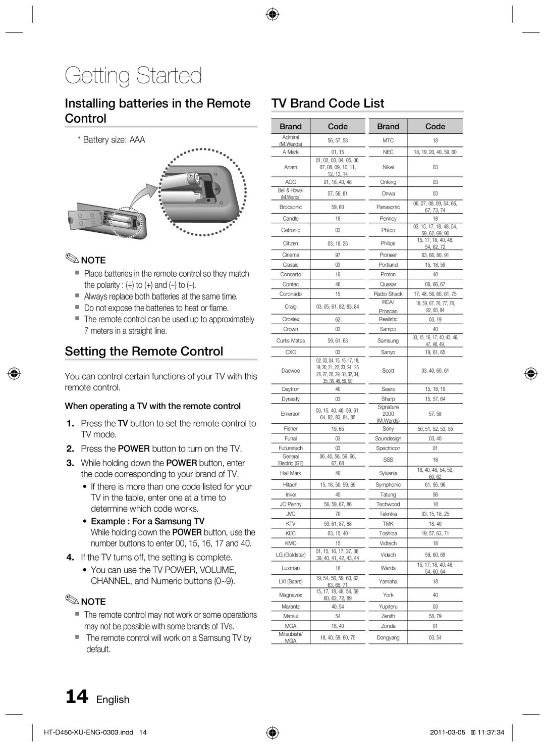 Samsung HT-D453 Installing batteries in the Remote Control, TV Brand Code List, Setting the Remote Control, English 