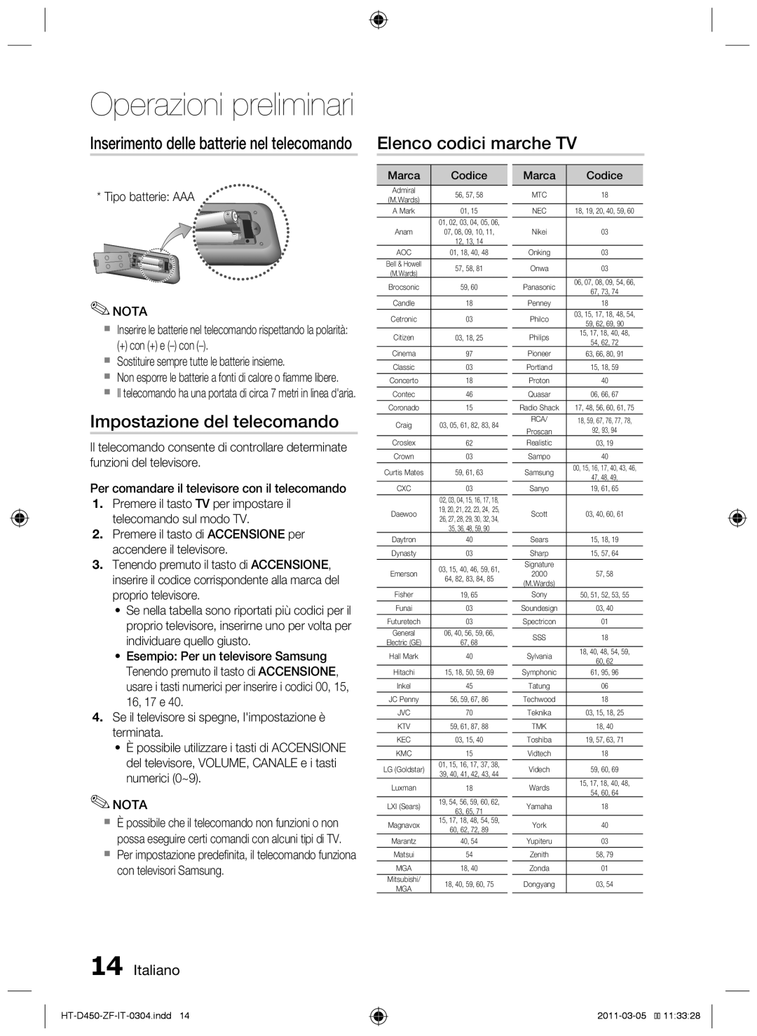 Samsung HT-D453, HT-D450 Elenco codici marche TV, Impostazione del telecomando, Inserimento delle batterie nel telecomando 