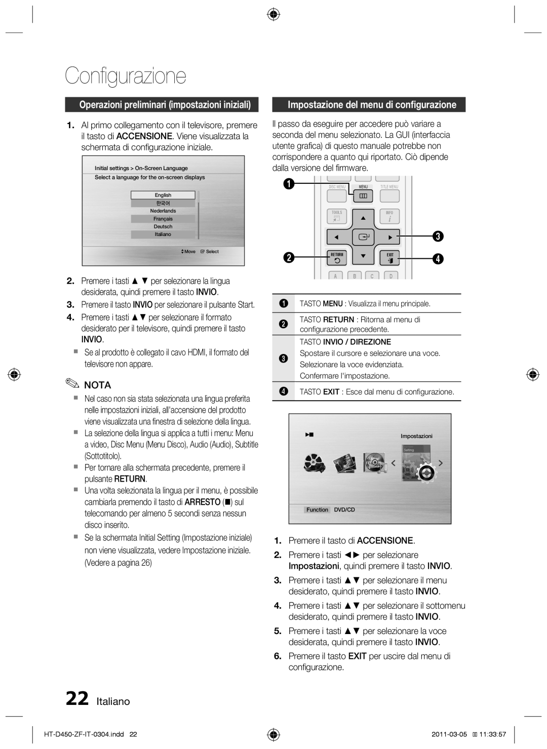 Samsung HT-D455, HT-D450 Configurazione, Impostazione del menu di configurazione, Italiano, dalla versione del firmware 