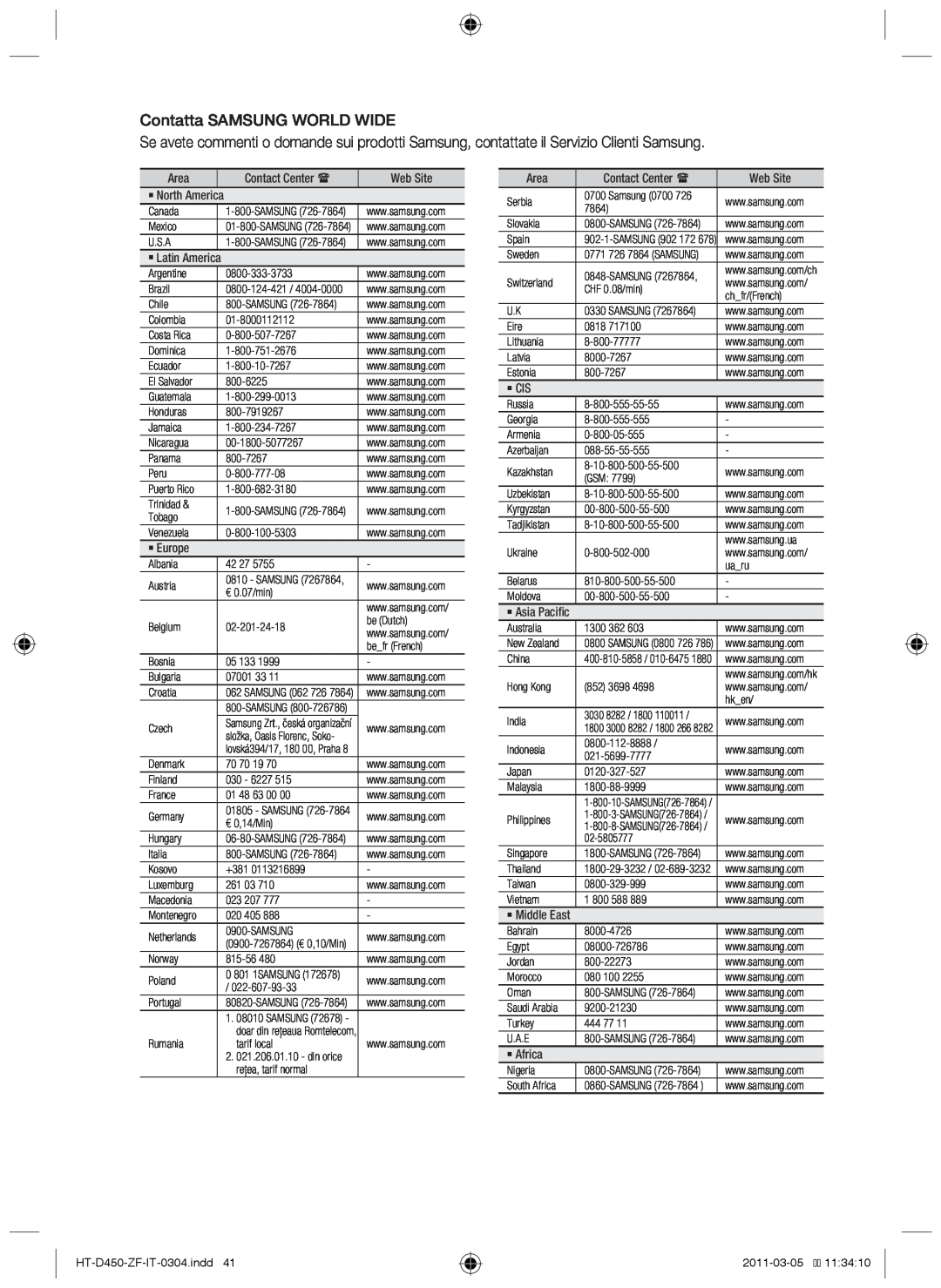 Samsung HT-D453, HT-D455 user manual Contatta SAMSUNG WORLD WIDE, HT-D450-ZF-IT-0304.indd41, 2011-03-0511:34:10 