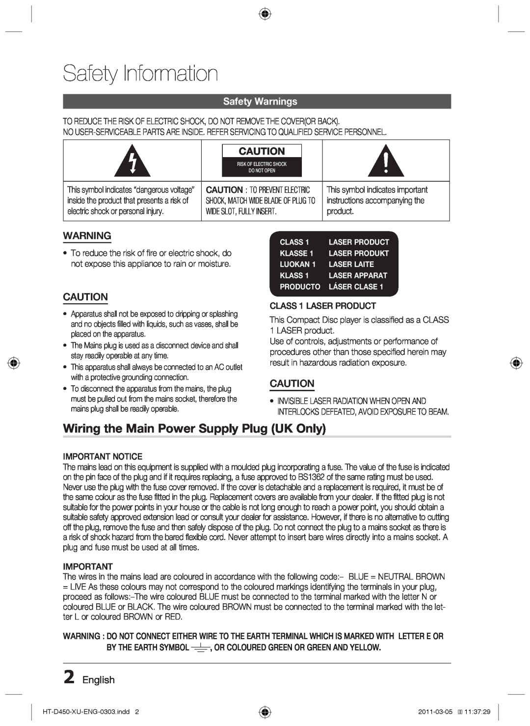 Samsung HT-D453, HT-D450, HT-D455 Safety Information, Wiring the Main Power Supply Plug UK Only, Safety Warnings, English 