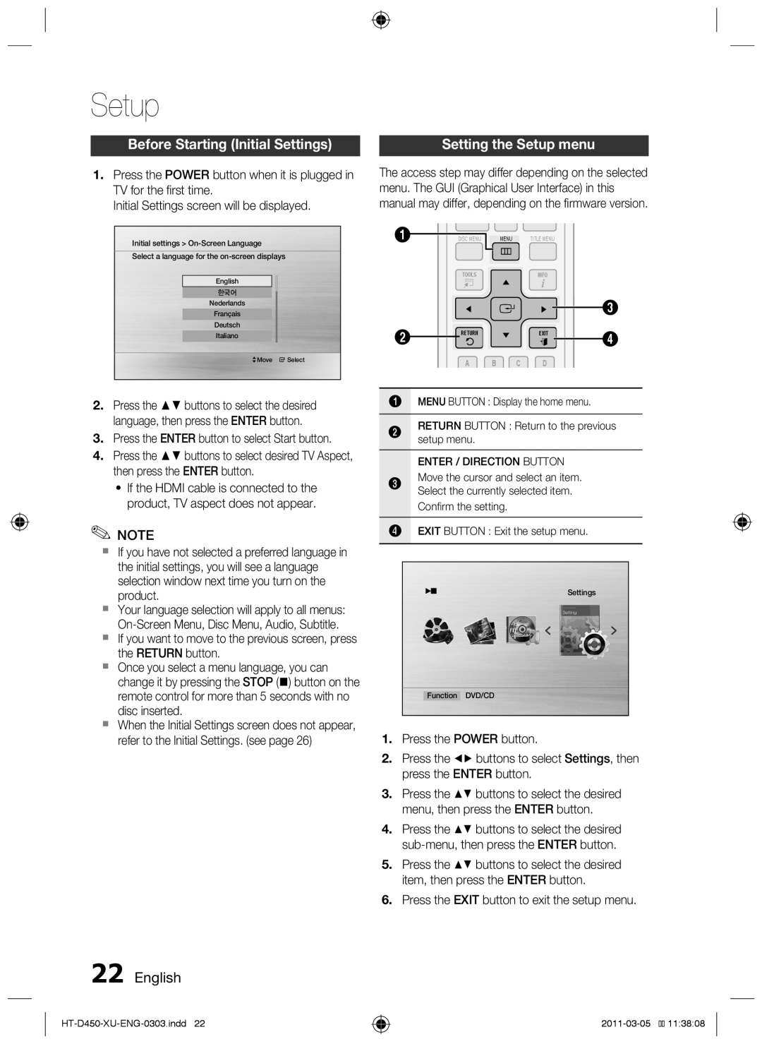 Samsung HT-D455, HT-D450, HT-D453 user manual Before Starting Initial Settings, Setting the Setup menu, English 
