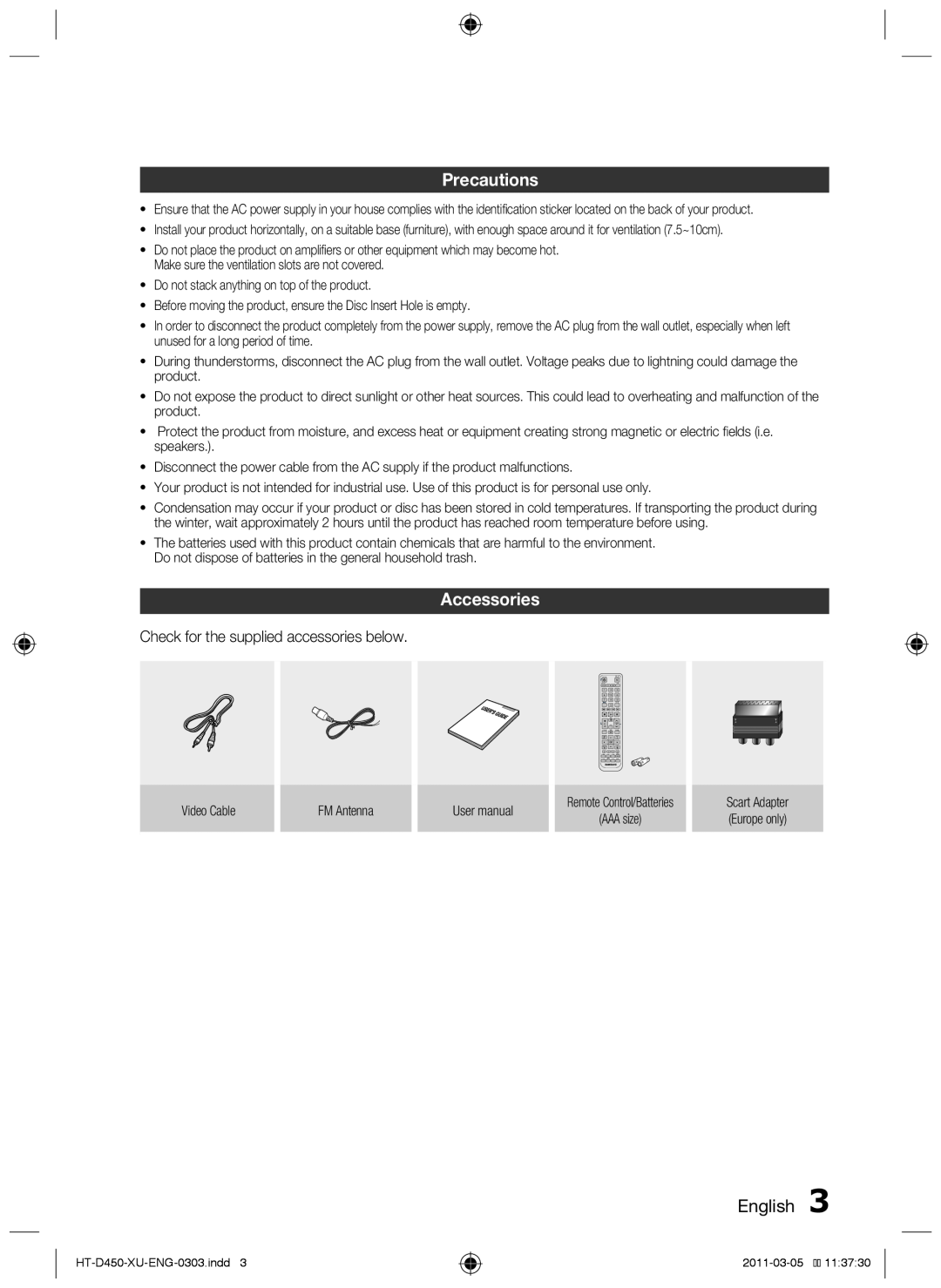 Samsung HT-D450, HT-D455, HT-D453 user manual Precautions, Accessories, English  