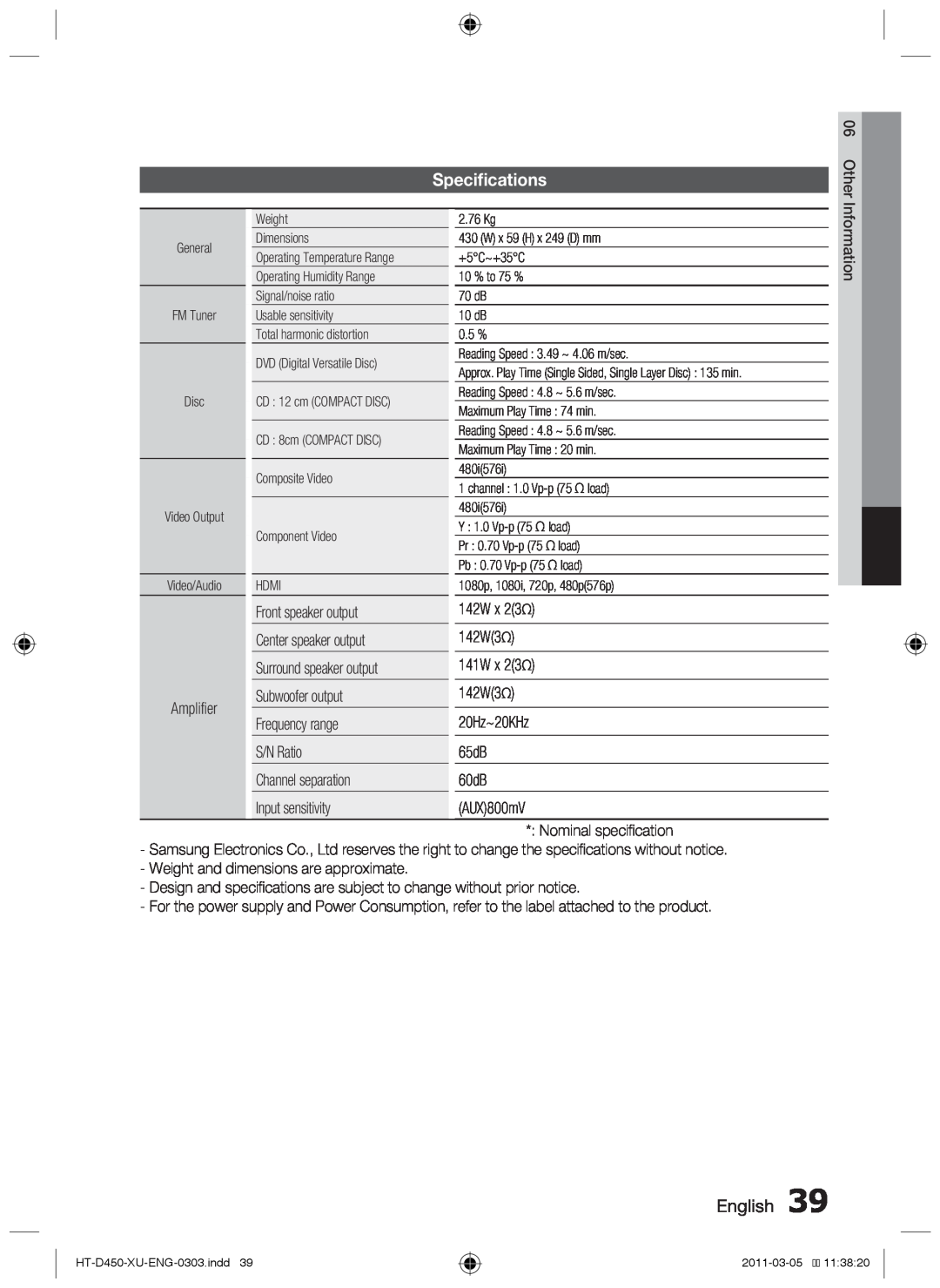 Samsung HT-D450, HT-D455, HT-D453 user manual Specifications, English 