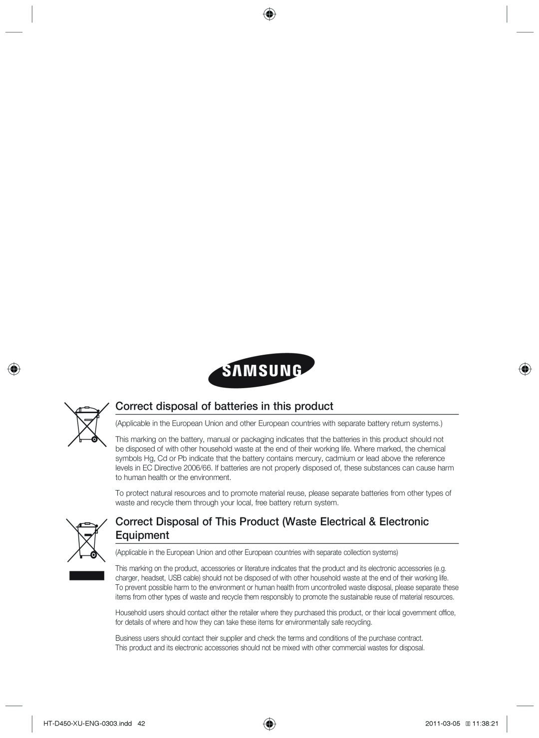 Samsung HT-D450, HT-D455, HT-D453 user manual Correct disposal of batteries in this product, Code No. AH68-02259B 