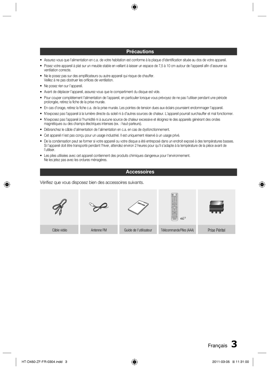 Samsung HT-D450, HT-D455, HT-D453 user manual Précautions, Accessoires, Français  
