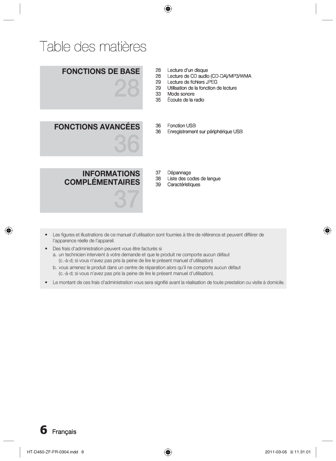Samsung HT-D450 Fonctions De Base, Fonctions Avancées, Informations Complémentaires, Table des matières, Français 