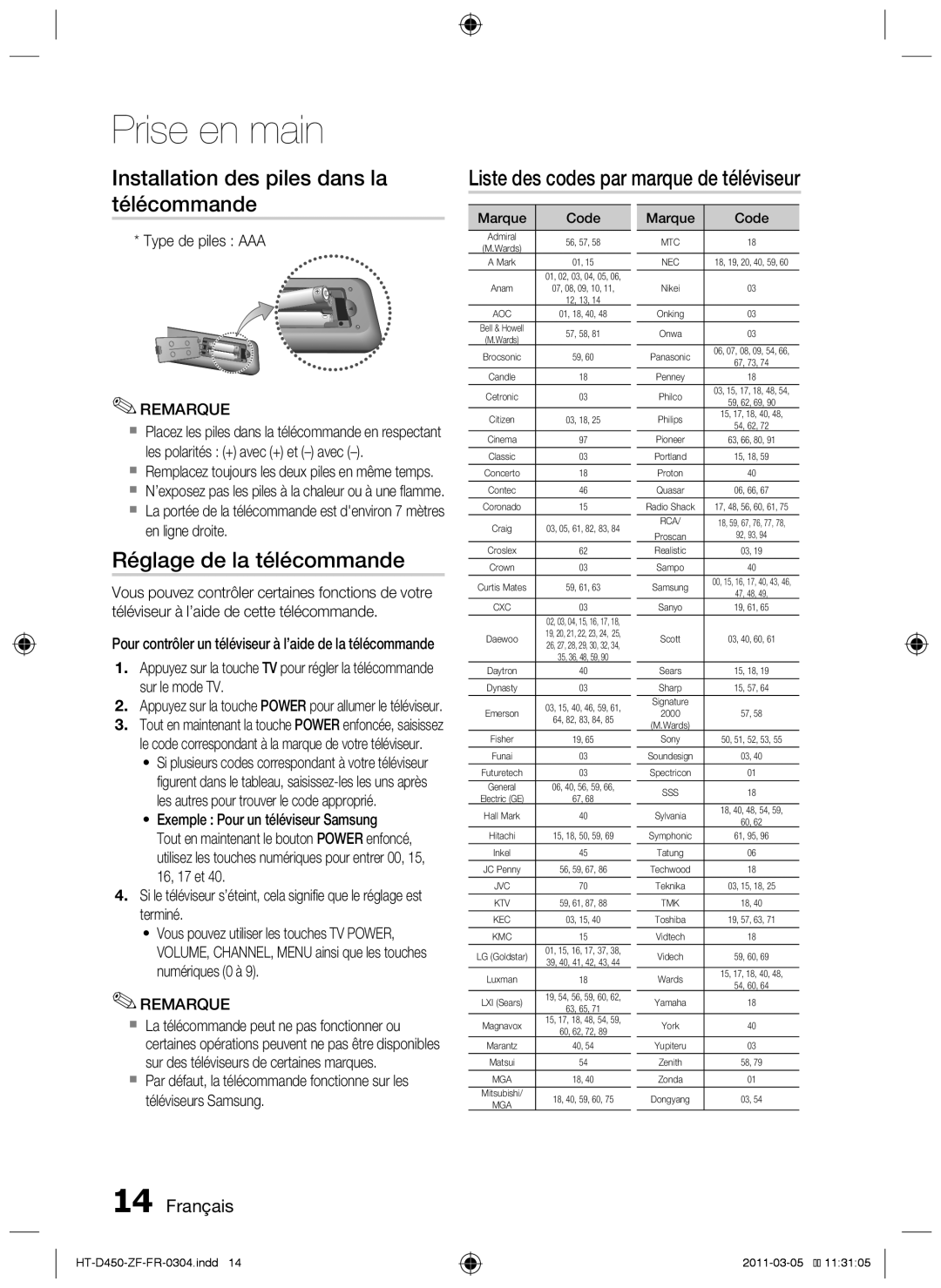 Samsung HT-D453, HT-D450 Installation des piles dans la télécommande, Liste des codes par marque de téléviseur, Français 