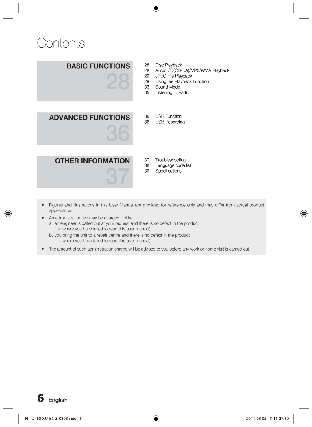 Samsung HT-D450, HT-D455, HT-D453 user manual Basic Functions, Advanced Functions, Other Information, Contents, English 