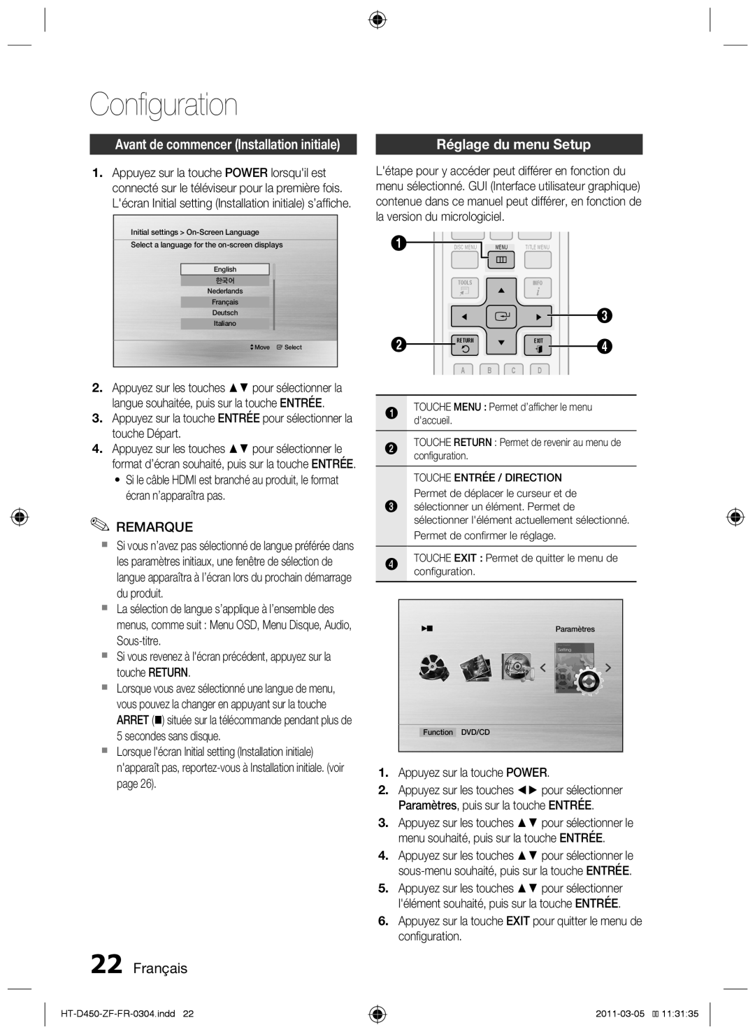 Samsung HT-D455, HT-D450, HT-D453 user manual Configuration, Français, Réglage du menu Setup, la version du micrologiciel 
