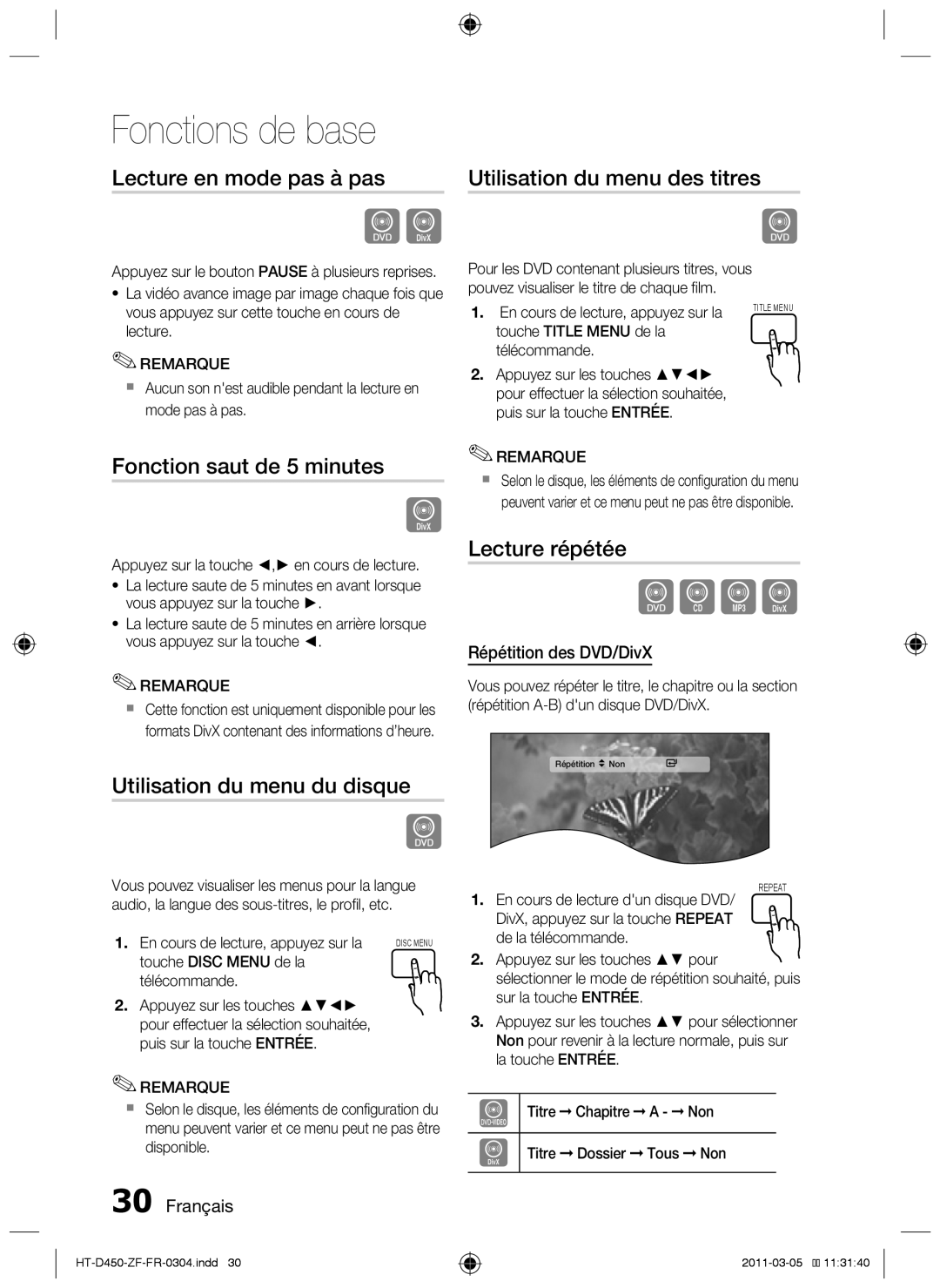 Samsung HT-D450 Lecture en mode pas à pas, Fonction saut de 5 minutes, Utilisation du menu des titres, Lecture répétée 