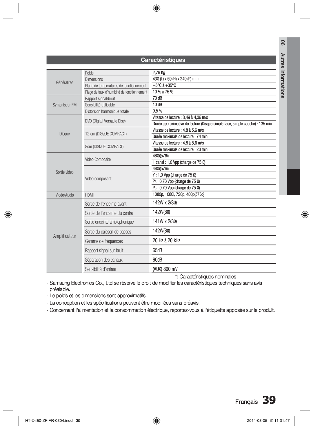 Samsung HT-D450, HT-D455, HT-D453 user manual Caractéristiques, Français 