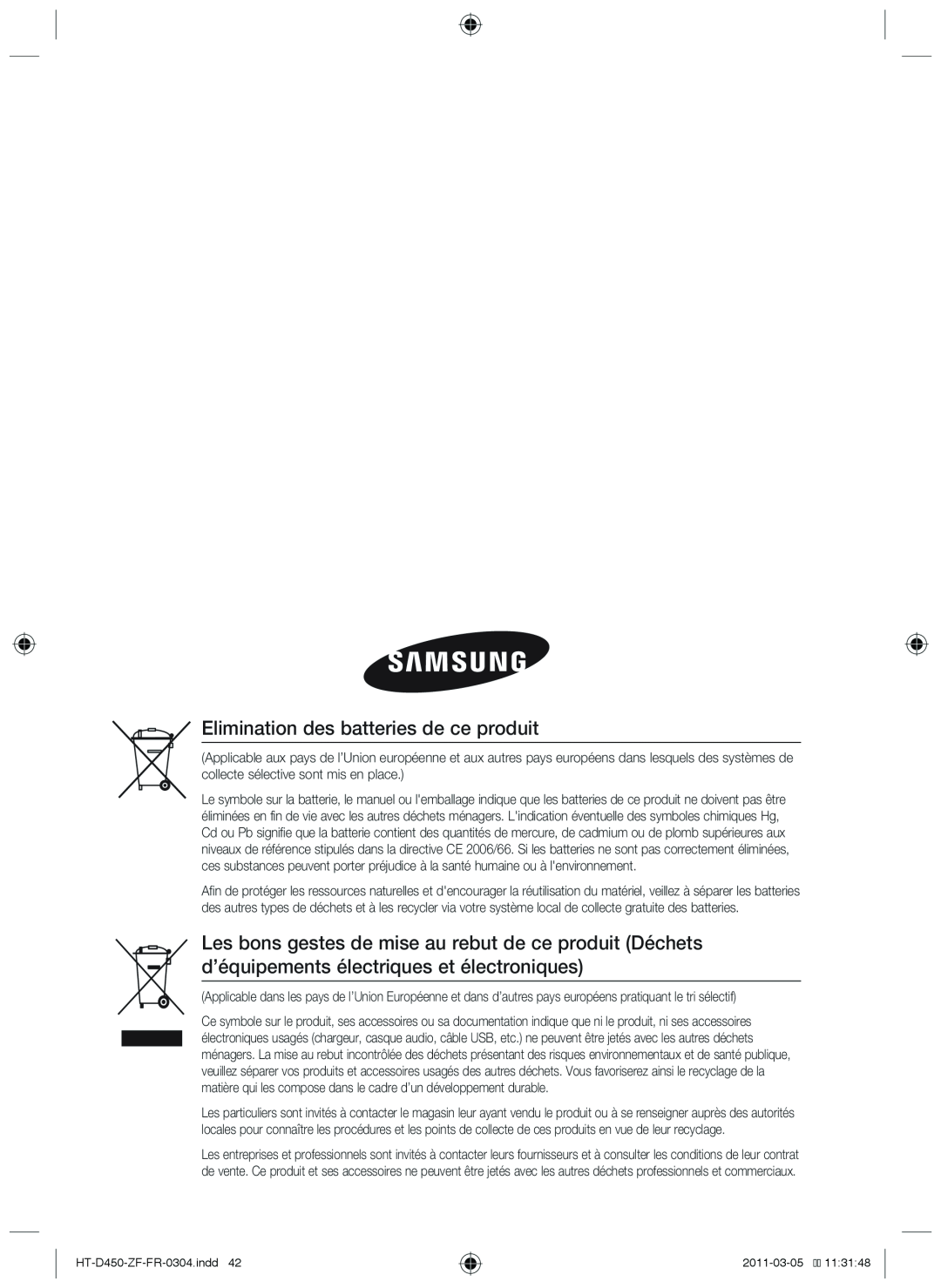 Samsung Elimination des batteries de ce produit, Code No. AH68-02259B, HT-D450-ZF-FR-0304.indd42, 2011-03-0511:31:48 