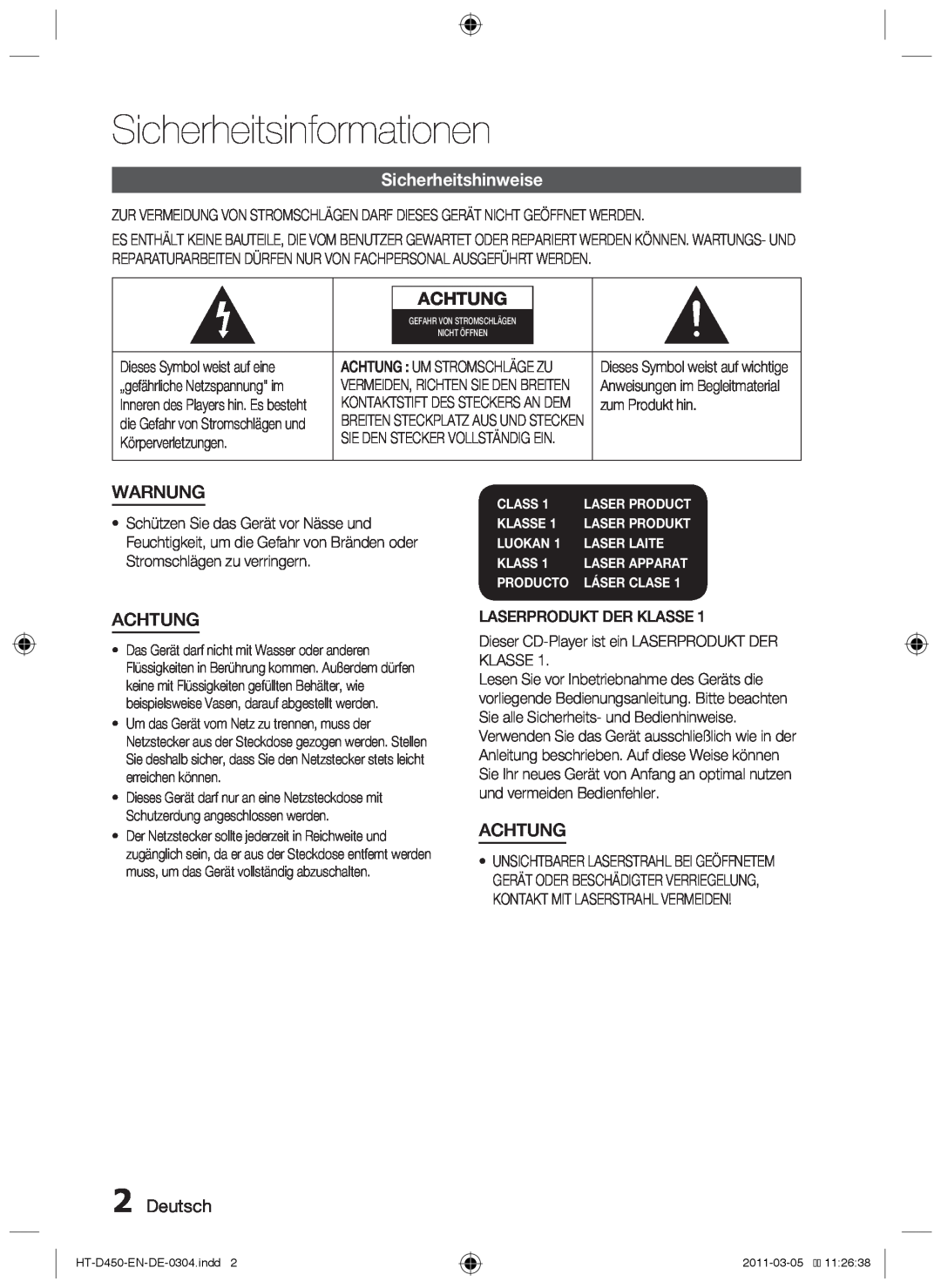 Samsung HT-D453 Sicherheitsinformationen, Sicherheitshinweise, Achtung, Warnung, Deutsch, Class, Klasse, Luokan, Producto 