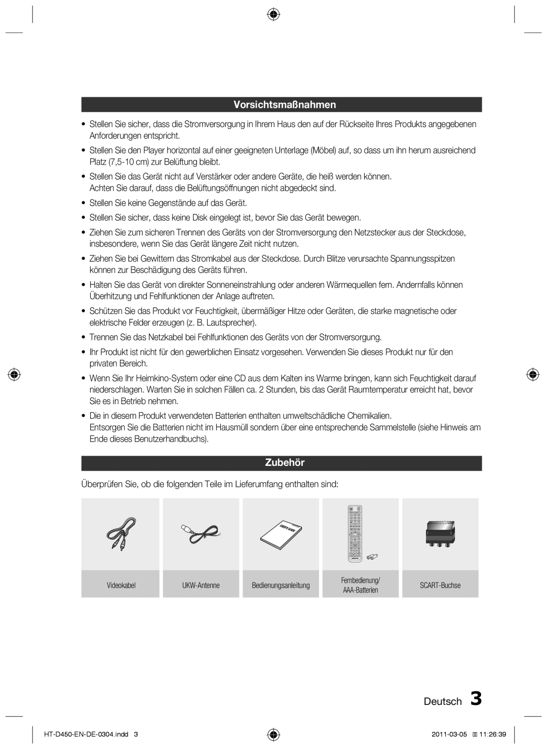 Samsung HT-D450, HT-D455, HT-D453 user manual Vorsichtsmaßnahmen, Zubehör, Deutsch  