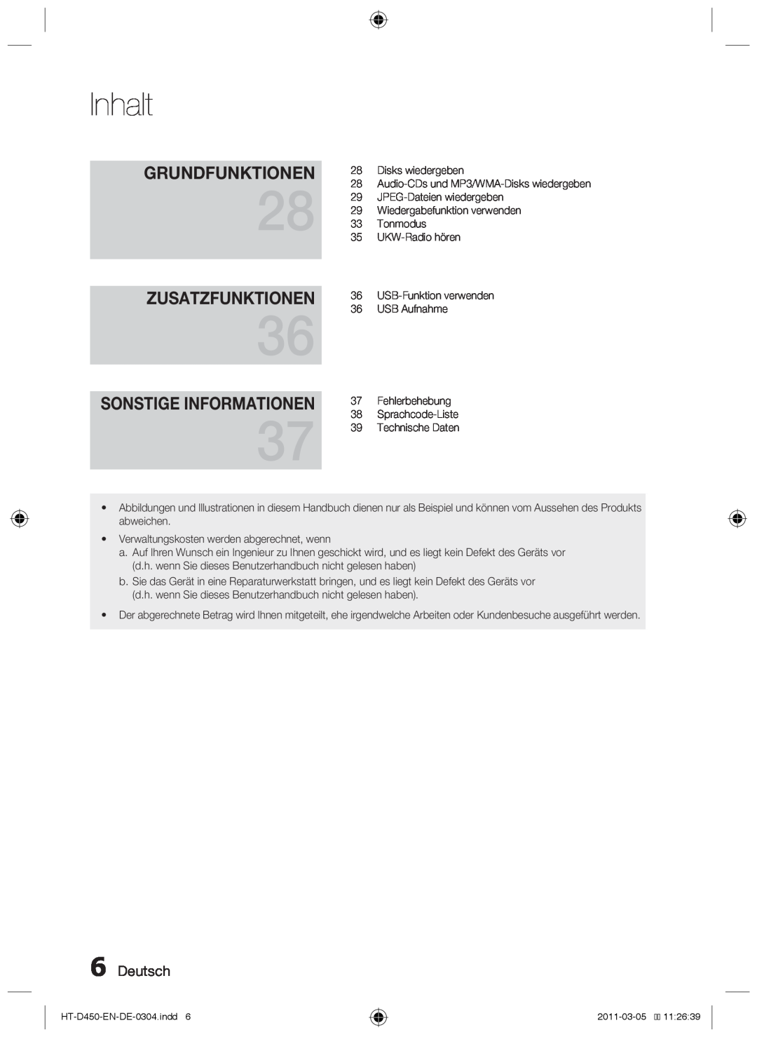 Samsung HT-D450, HT-D455, HT-D453 user manual Grundfunktionen, Zusatzfunktionen, Sonstige Informationen, Inhalt, Deutsch 