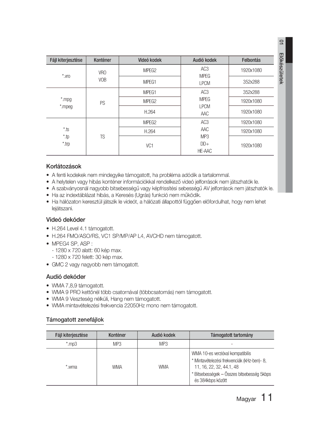 Samsung HT-D4500/XE manual Támogatott zenefájlok, WMA 10-es verzióval kompatibilis, 11, 16, 22, 32, 44.1, És 384kbps között 