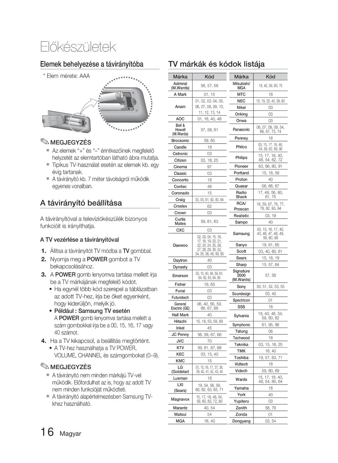 Samsung HT-D4550/EN, HT-D4500/EN, HT-D4500/XE manual Távirányító beállítása, Elem mérete AAA 