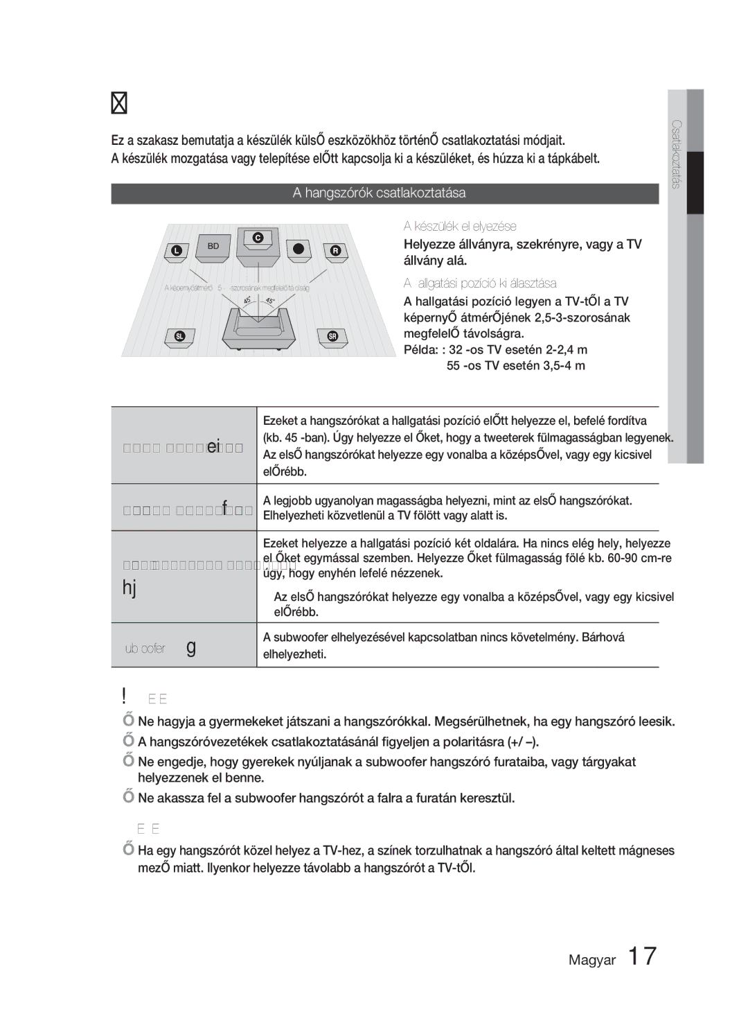 Samsung HT-D4500/XE, HT-D4500/EN, HT-D4550/EN manual Hangszórók csatlakoztatása 