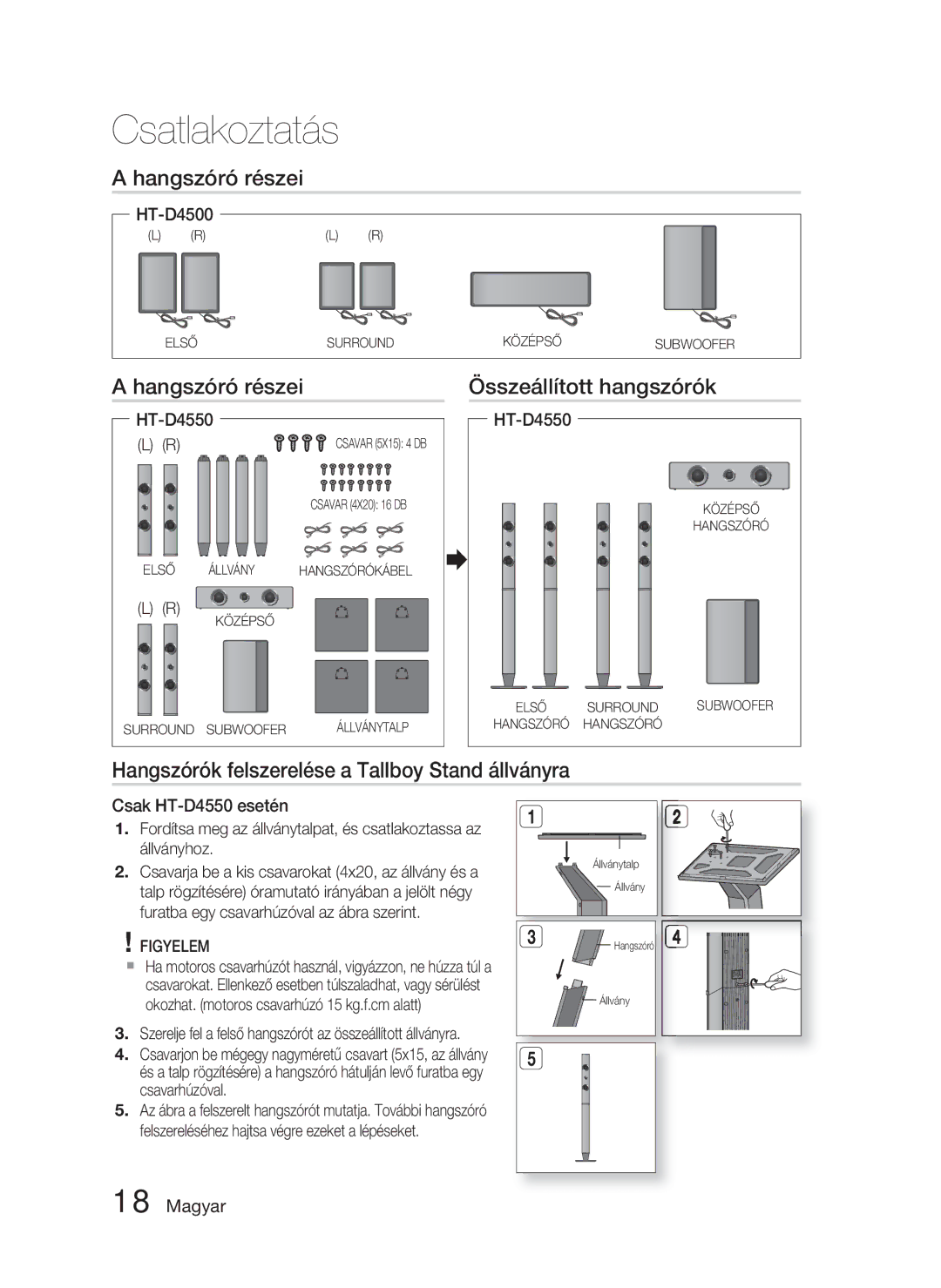 Samsung HT-D4500/EN manual Hangszóró részei Összeállított hangszórók, Hangszórók felszerelése a Tallboy Stand állványra 