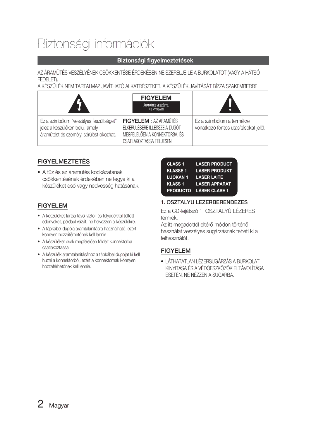 Samsung HT-D4500/XE manual Biztonsági ﬁgyelmeztetések, Magyar, Ez a szimbólum a termékre, Jelez a készüléken belül, amely 