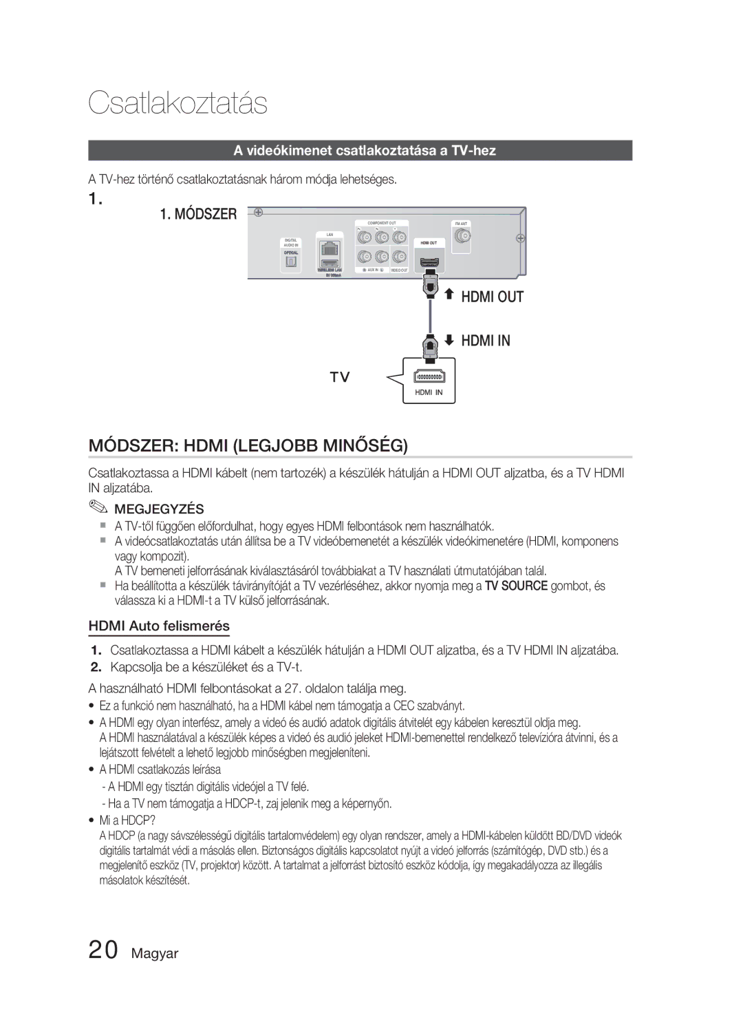 Samsung HT-D4500/XE, HT-D4500/EN, HT-D4550/EN manual Videókimenet csatlakoztatása a TV-hez, Hdmi Auto felismerés 