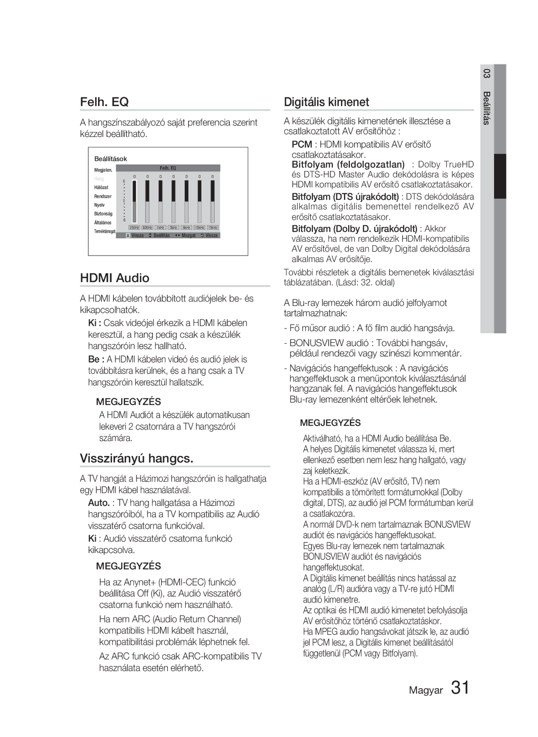 Samsung HT-D4550/EN, HT-D4500/EN, HT-D4500/XE manual Felh. EQ, Hdmi Audio, Visszirányú hangcs, Digitális kimenet 