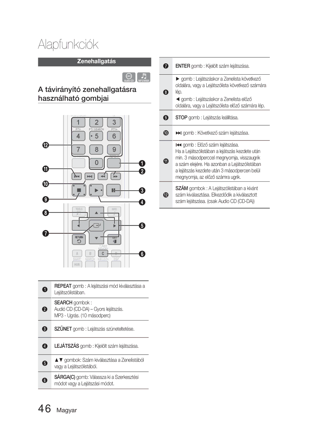 Samsung HT-D4550/EN Távirányító zenehallgatásra használható gombjai, Zenehallgatás, Enter gomb Kijelölt szám lejátszása 