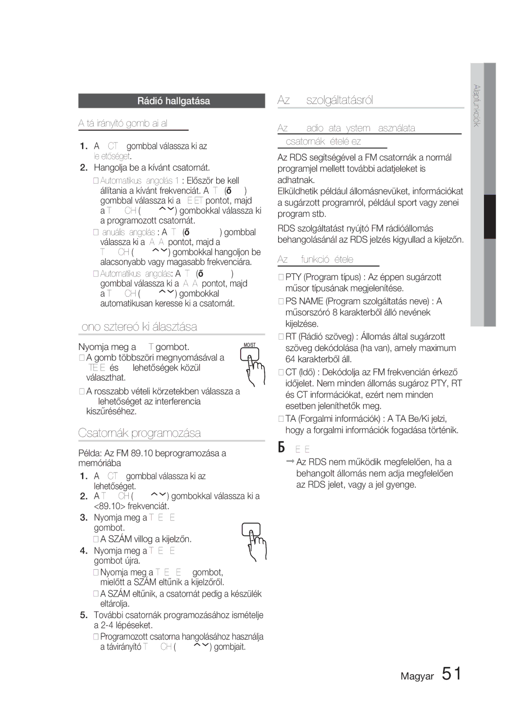 Samsung HT-D4500/EN manual Mono/sztereó kiválasztása, Csatornák programozása, Az RDS szolgáltatásról, Rádió hallgatása 