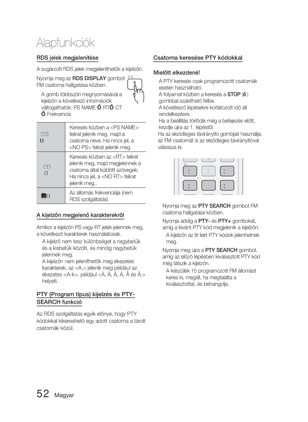 Samsung HT-D4550/EN, HT-D4500/EN, HT-D4500/XE manual RDS jelek megjelenítése, Kijelzőn megjelenő karakterekről 