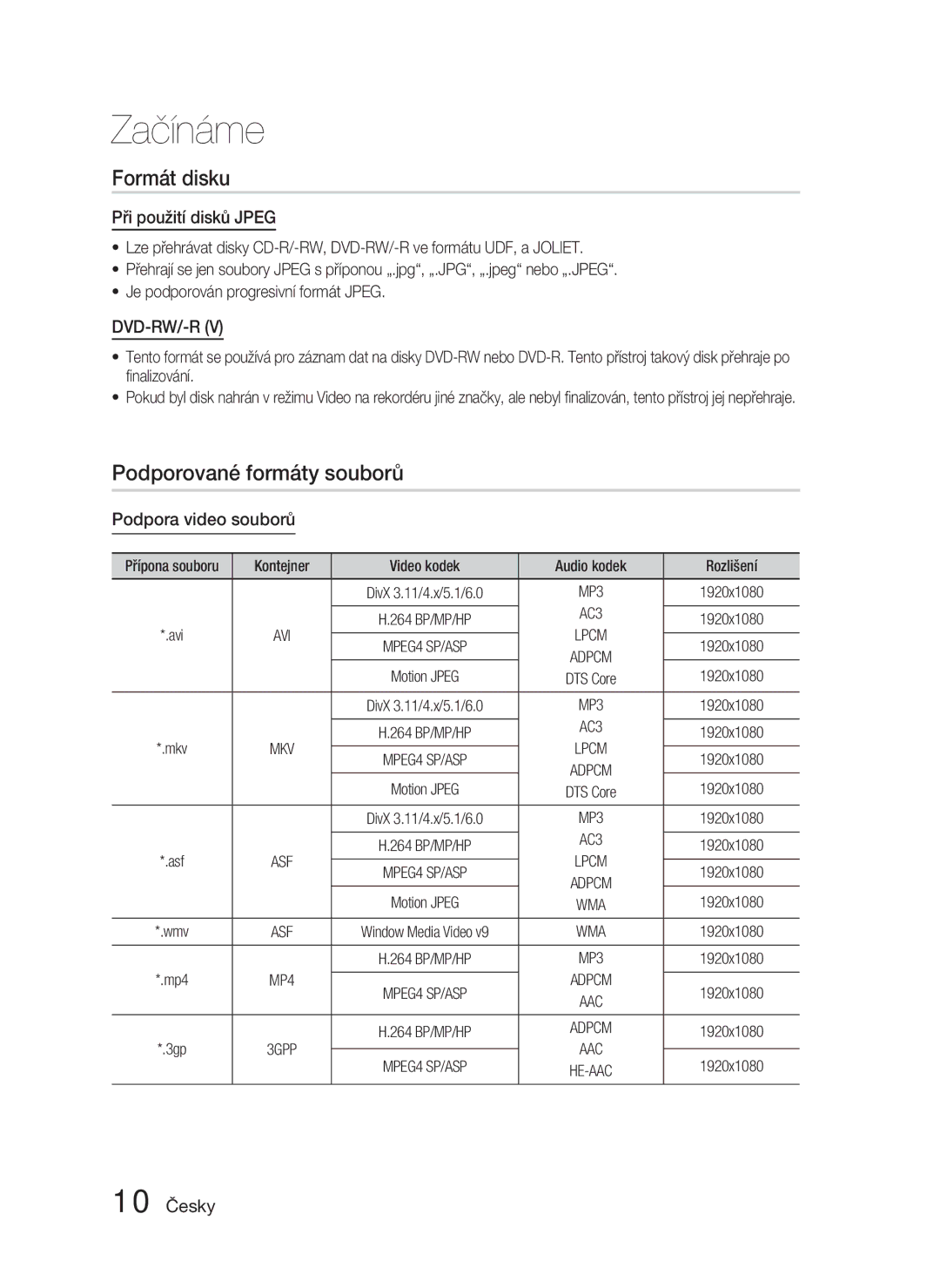 Samsung HT-D4500/EN Formát disku, Podporované formáty souborů, Při použití disků Jpeg, Podpora video souborů, 10 Česky 