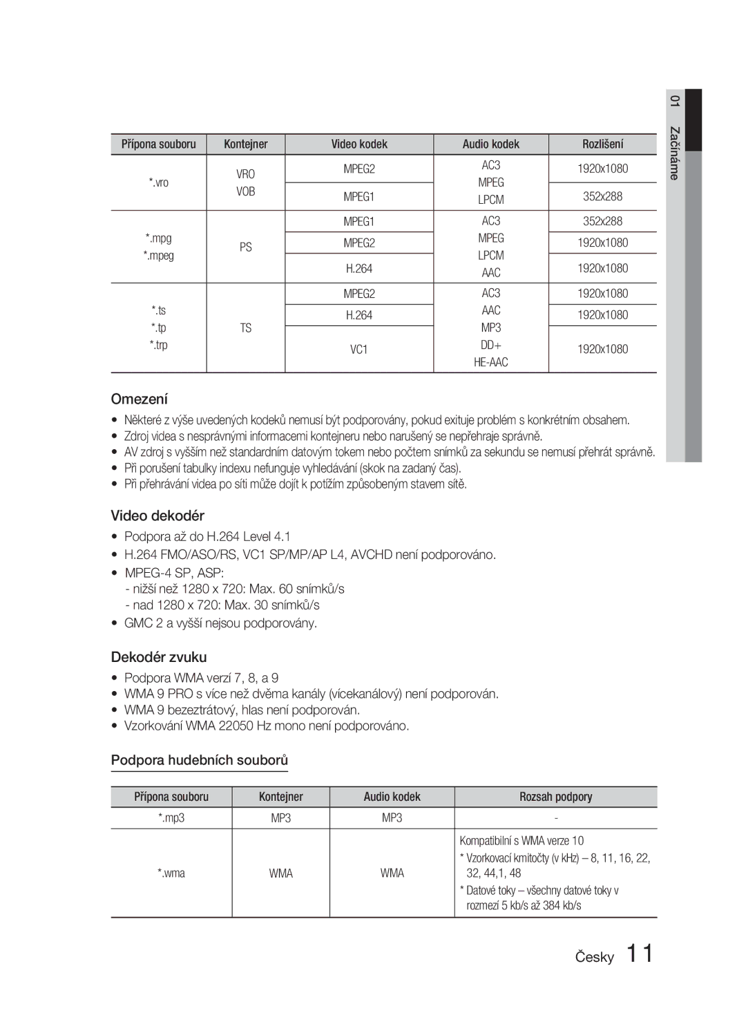 Samsung HT-D4550/EN, HT-D4500/EN manual Podpora hudebních souborů, Vob, MPEG-4 SP, ASP 