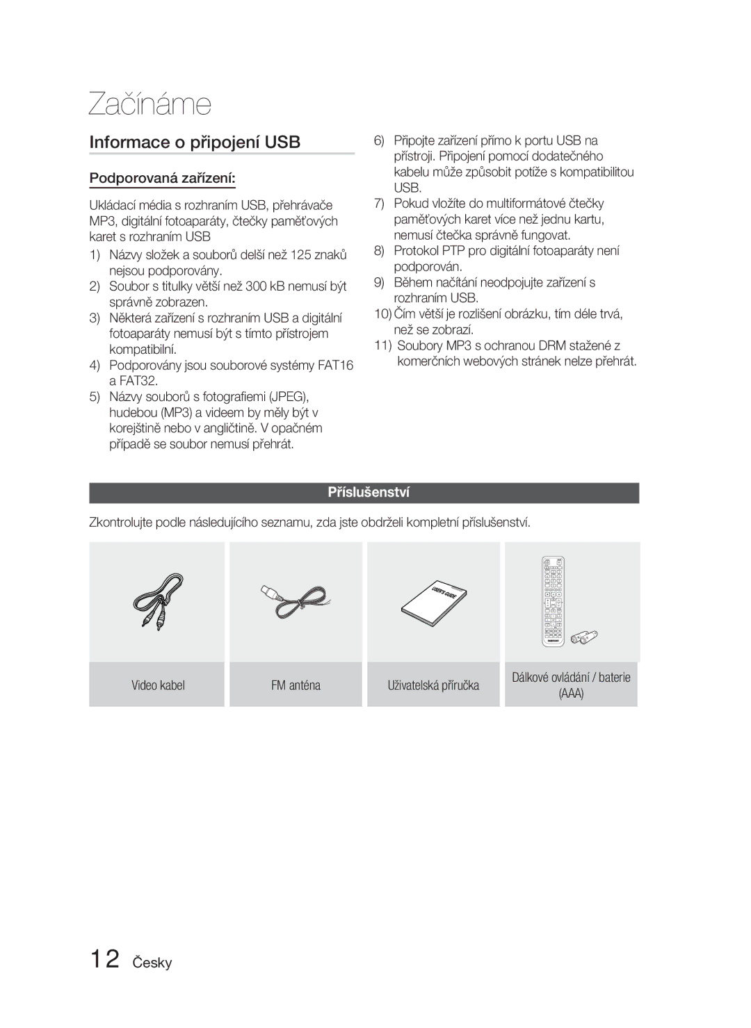 Samsung HT-D4500/EN, HT-D4550/EN manual Informace o připojení USB, Podporovaná zařízení, Příslušenství, 12 Česky, Aaa 