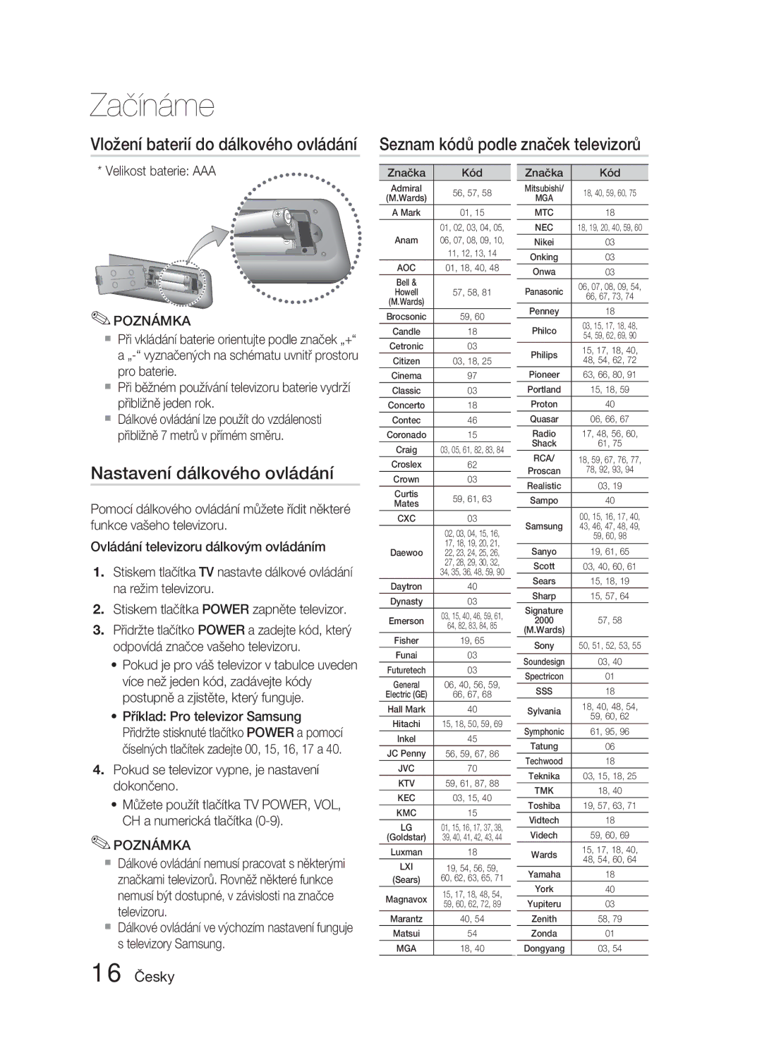 Samsung HT-D4500/EN, HT-D4550/EN manual Nastavení dálkového ovládání, 16 Česky, Velikost baterie AAA 