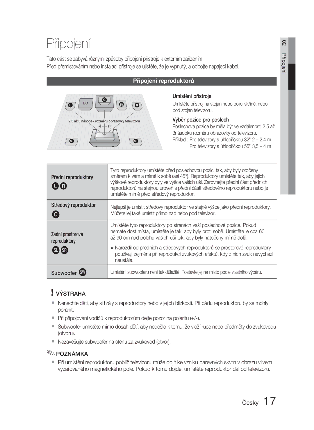 Samsung HT-D4550/EN, HT-D4500/EN manual Připojení reproduktorů 