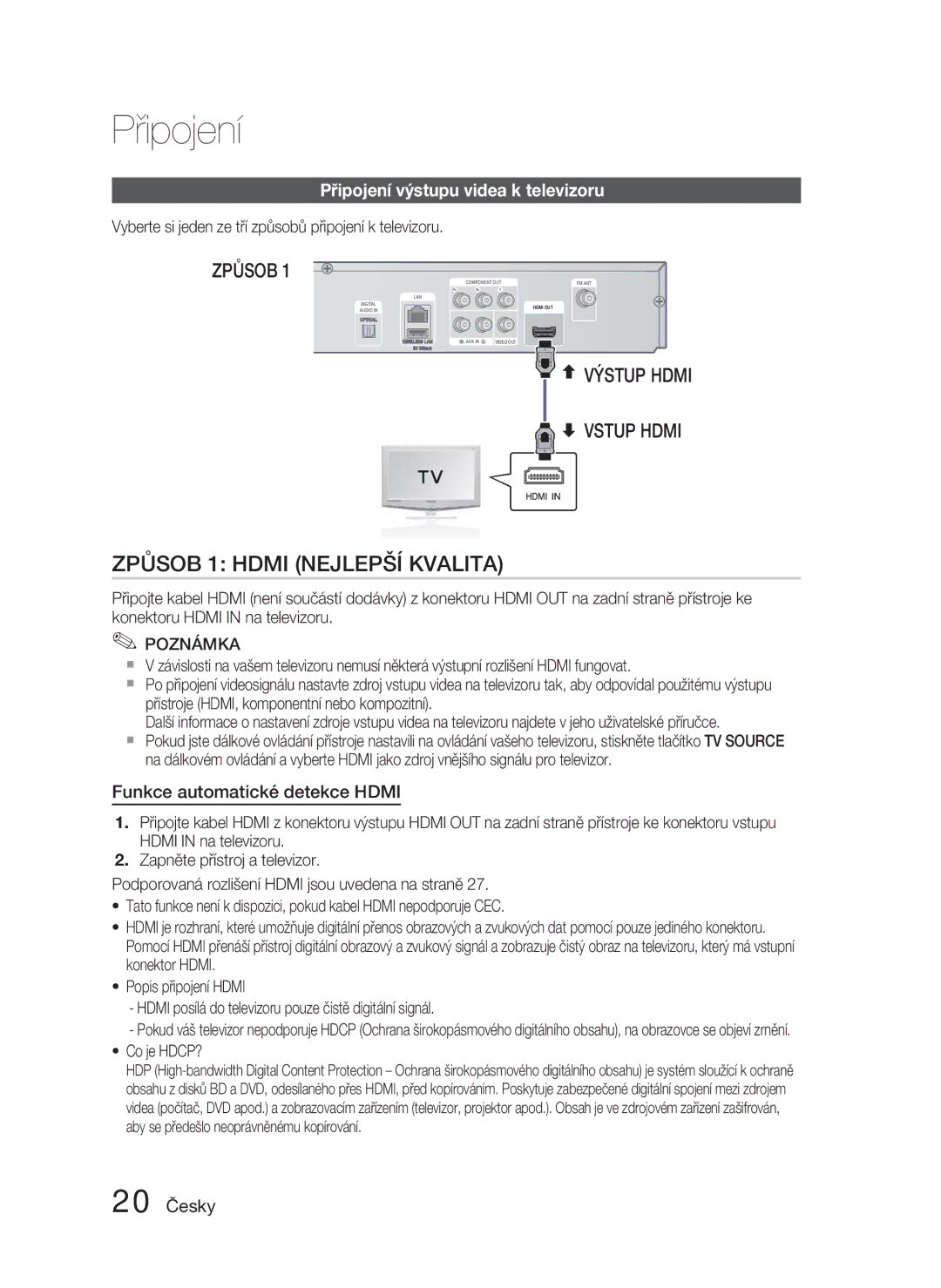 Samsung HT-D4500/EN manual Připojení výstupu videa k televizoru, Funkce automatické detekce Hdmi, 20 Česky, Co je HDCP? 