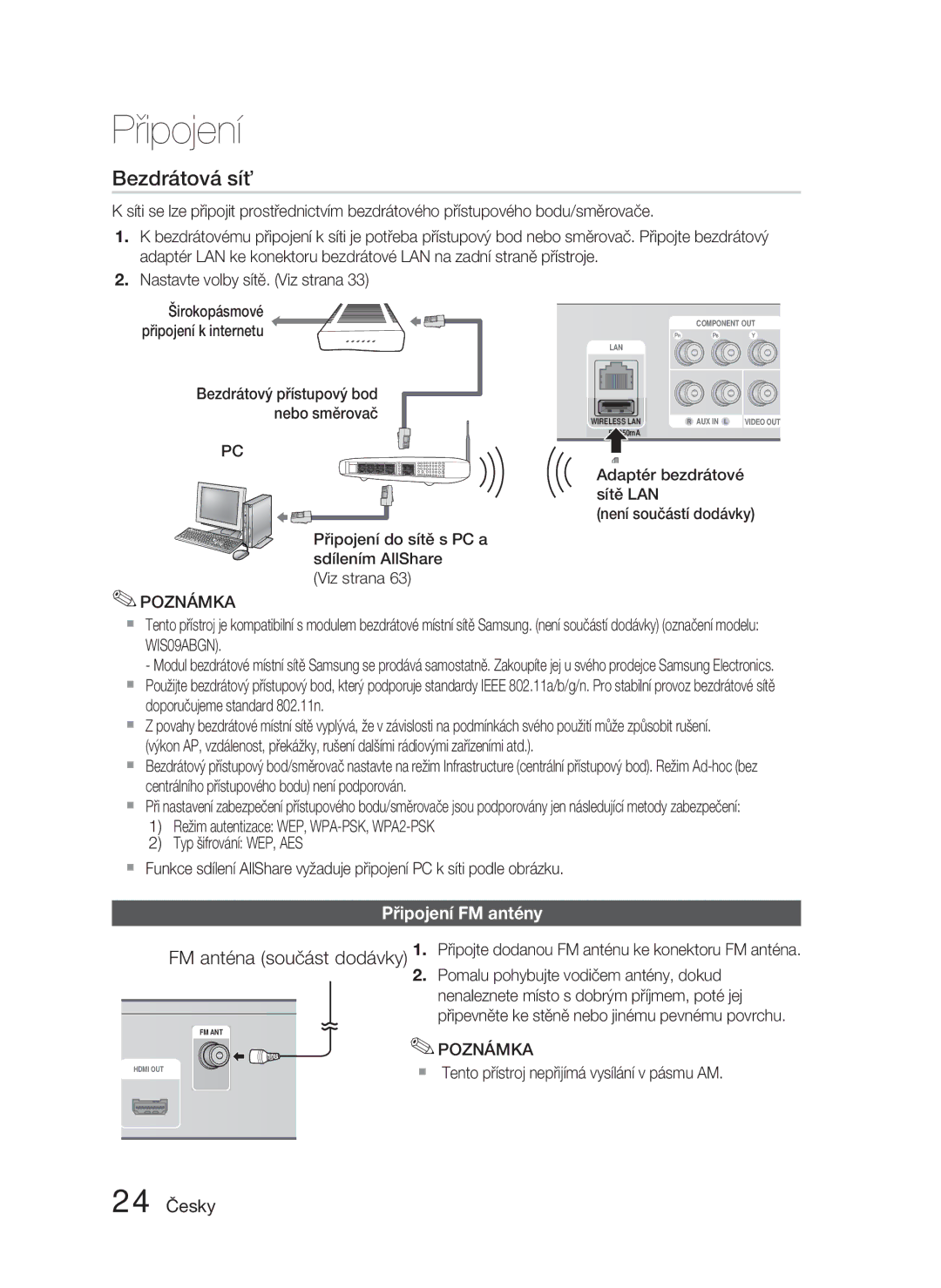 Samsung HT-D4500/EN, HT-D4550/EN manual Připojení FM antény, 24 Česky, Připojení do sítě s PC a sdílením AllShare Viz strana 