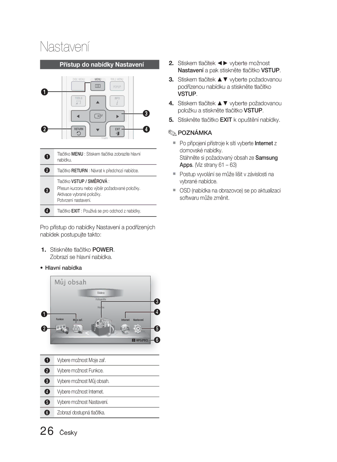 Samsung HT-D4500/EN, HT-D4550/EN manual Přístup do nabídky Nastavení, 26 Česky, Vstup 