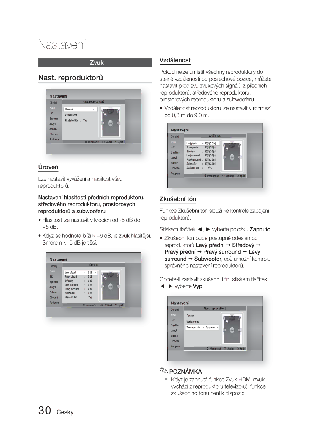 Samsung HT-D4500/EN, HT-D4550/EN manual Nast. reproduktorů, Úroveň, Vzdálenost, Zkušební tón, 30 Česky 