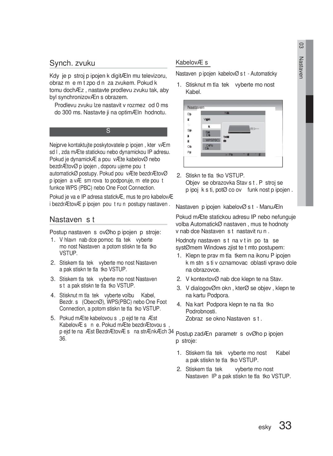 Samsung HT-D4550/EN, HT-D4500/EN manual Synch. zvuku, Nastavení sítě, Síť, Kabelová síť 