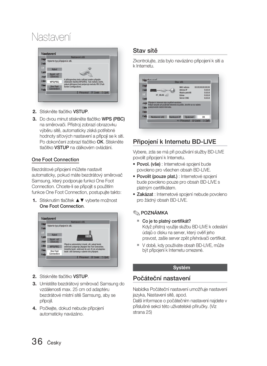 Samsung HT-D4500/EN, HT-D4550/EN manual Stav sítě, Připojení k Internetu BD-LIVE, Počáteční nastavení, Systém 